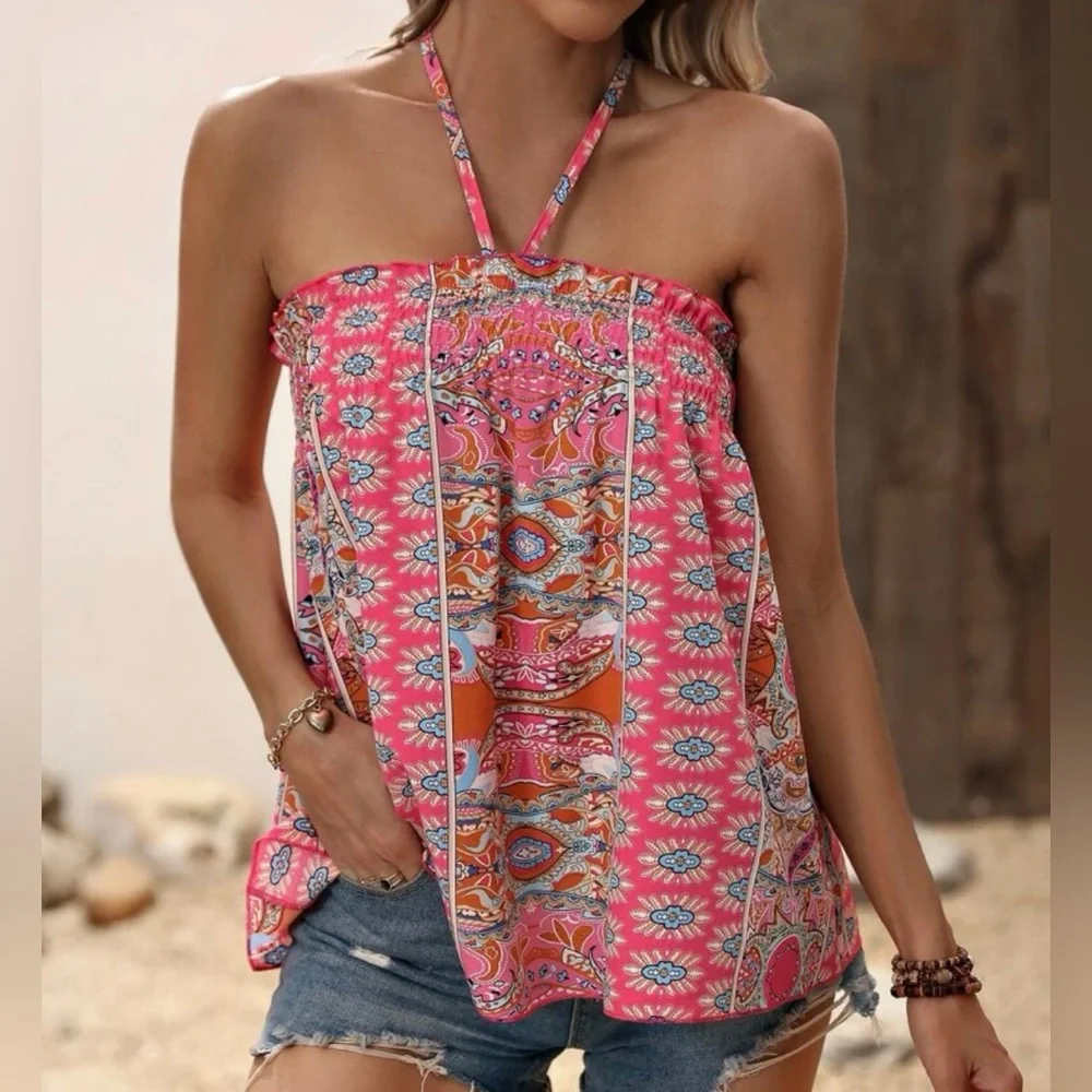 Boho Floral Print Halter Tank Top - Picture 9 of 9